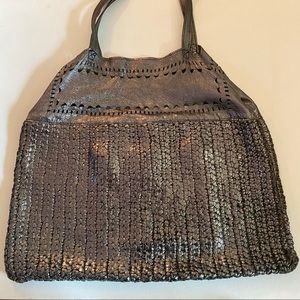 en shalla Metallic Pewter Woven Leather Tote Bag